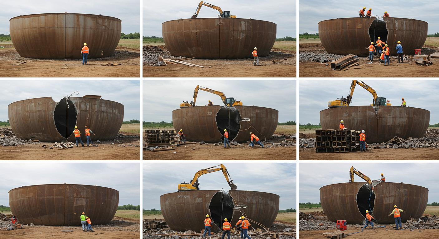 Демонтаж горизонтального резервуара с использованием спецтехники Демонтаж горизонтального резервуара с использованием спецтехники