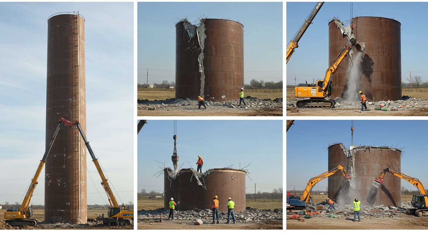 Демонтаж вертикальной металлической емкости