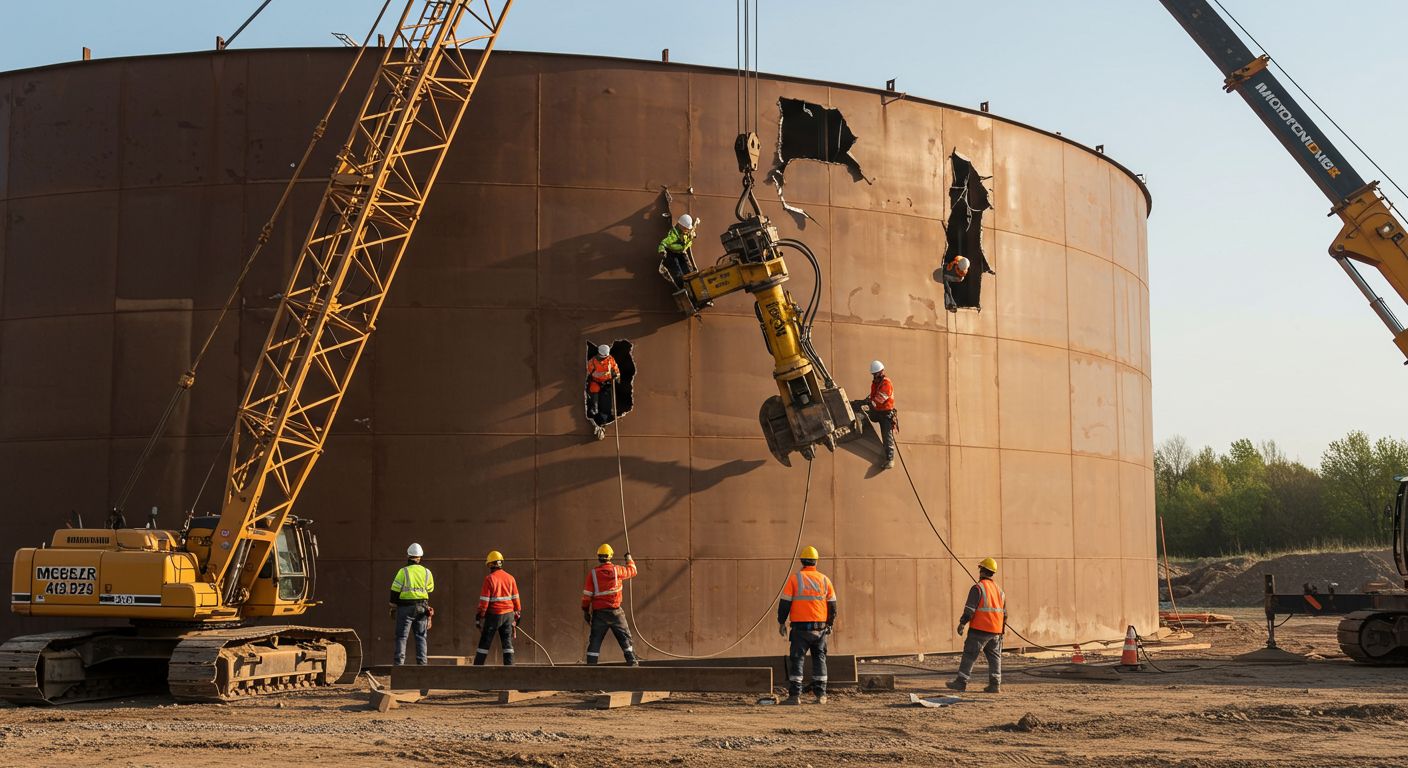 Демонтаж крупных стальных резервуаров с применением спецтехники Демонтаж крупных стальных резервуаров с применением спецтехники