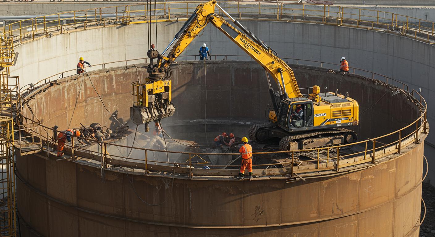 Демонтаж нефтяного резервуара с использованием кранов и гидравлики