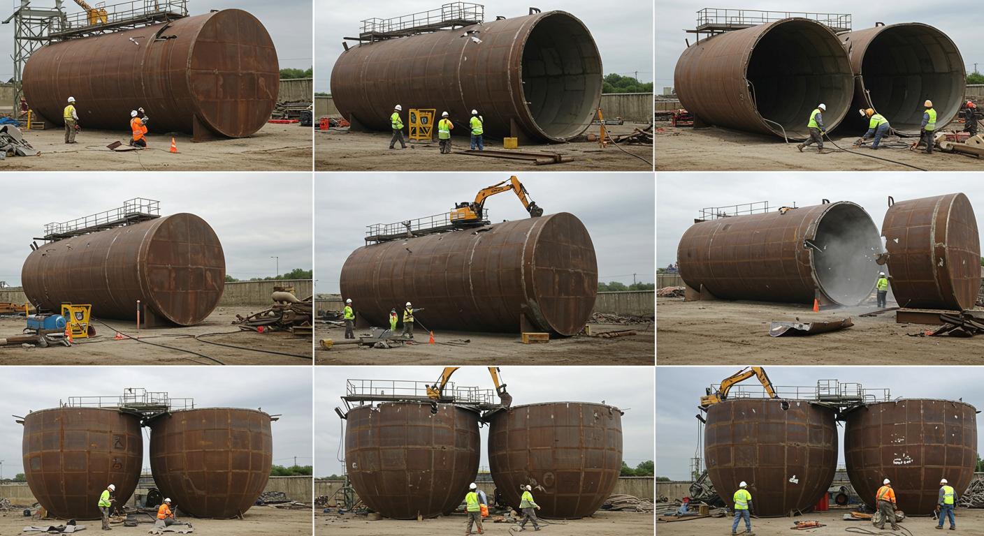 Этапы демонтажа металлических резервуаров Демонтаж металлического резервуара на промышленной площадке